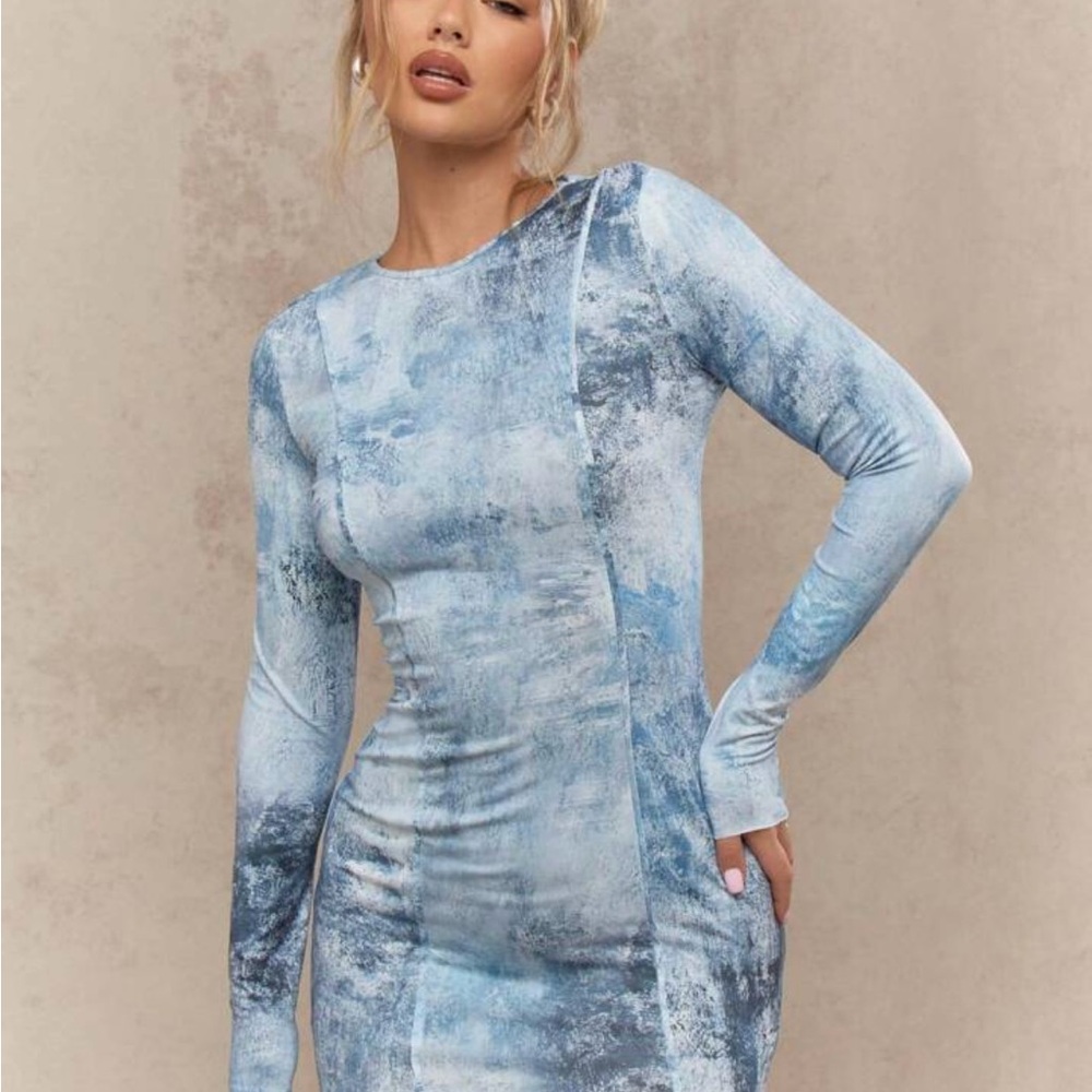 Tie Dye Smudge Print Long Sleeve Bodycon Mini Dress